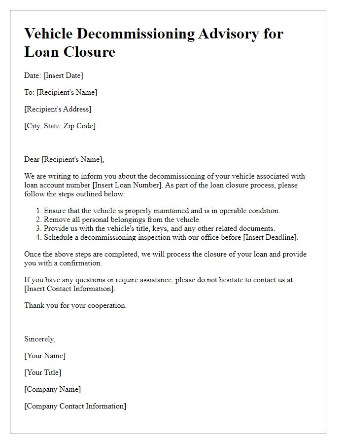 Letter template of vehicle decommissioning advisory for loan closures