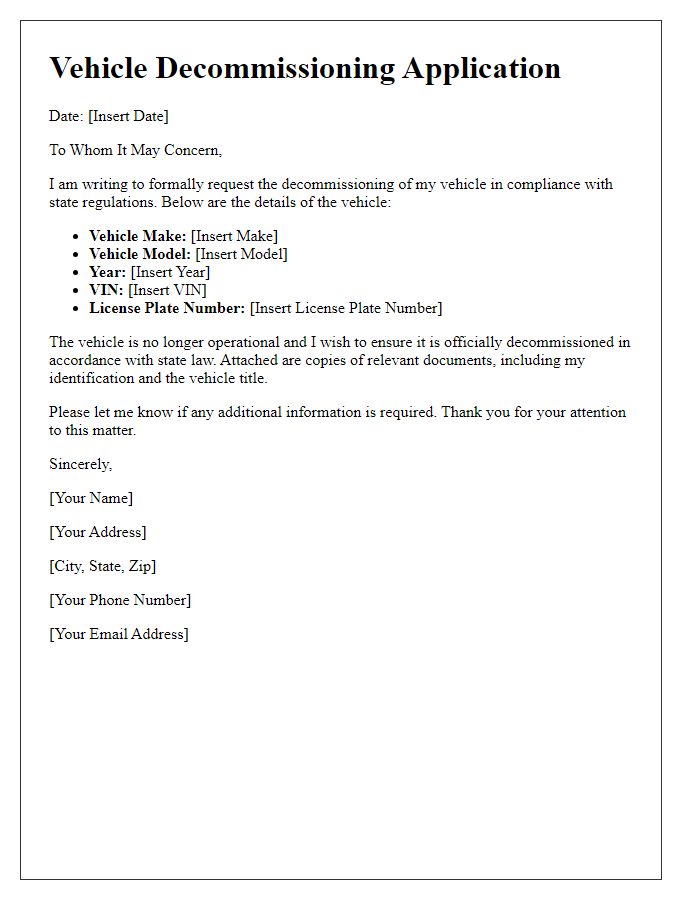 Letter template of vehicle decommissioning application for state compliance