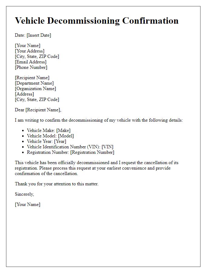 Letter template of vehicle decommissioning confirmation for registration cancellation