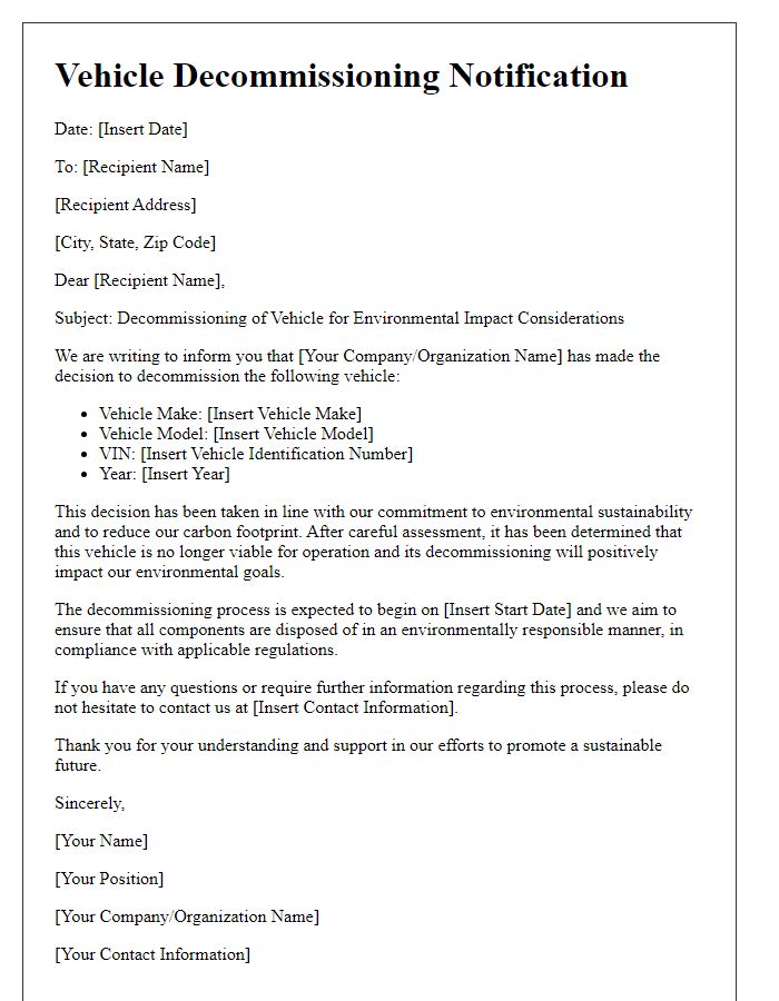 Letter template of vehicle decommissioning letter for environmental impact