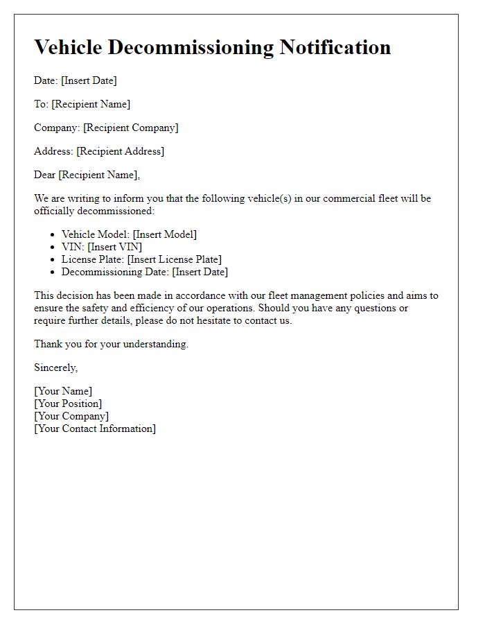 Letter template of vehicle decommissioning notification for commercial fleet