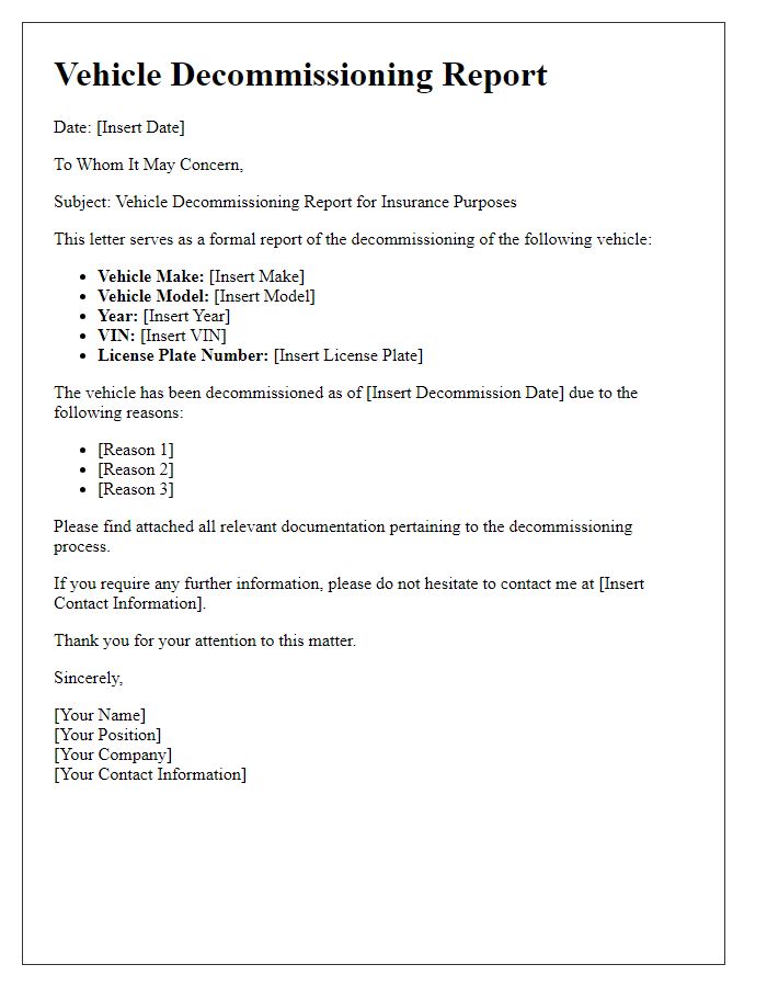 Letter template of vehicle decommissioning report for insurance purposes