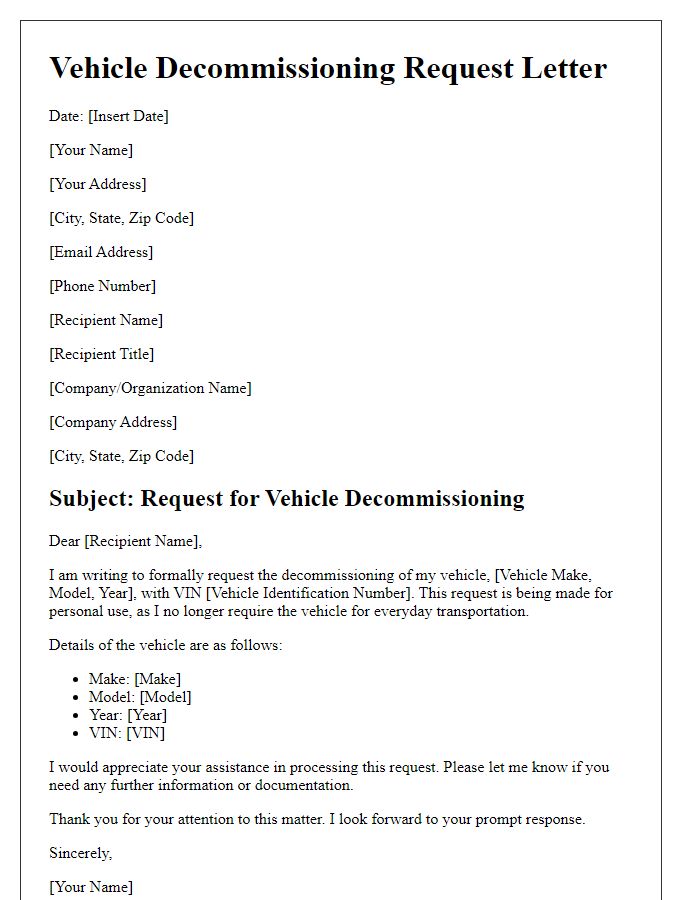 Letter template of vehicle decommissioning request for personal use