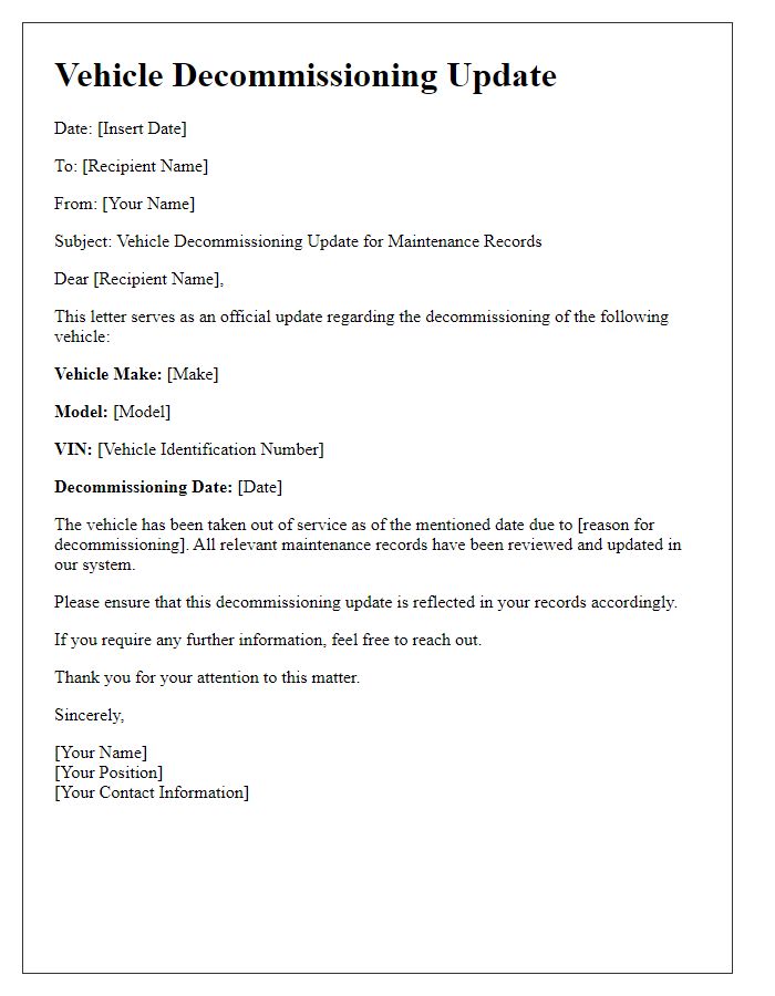 Letter template of vehicle decommissioning update for maintenance records