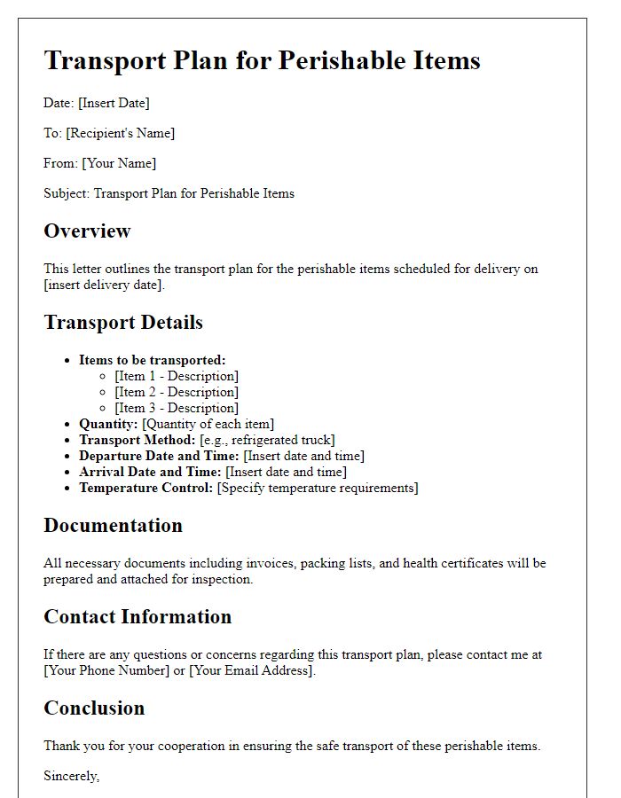 Letter template of perishable items transport plan