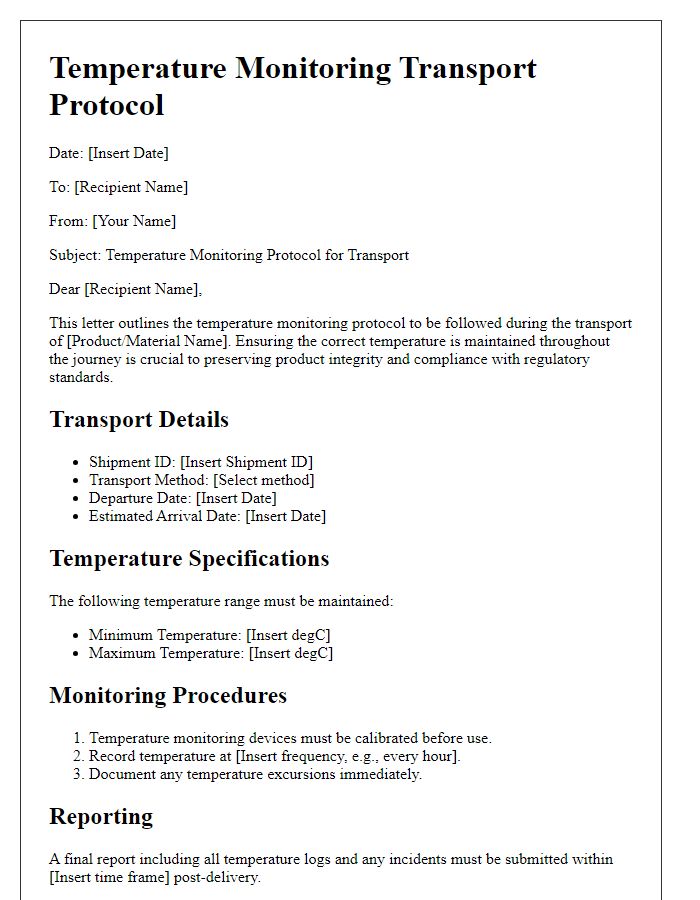 Letter template of temperature monitoring transport protocol