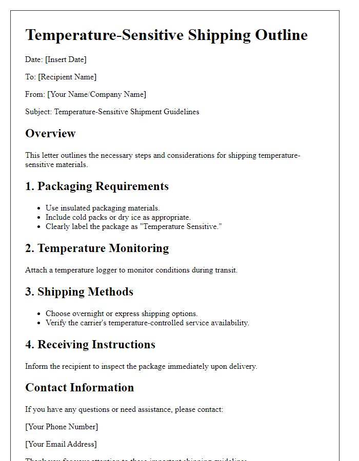 Letter template of temperature-sensitive shipping outline