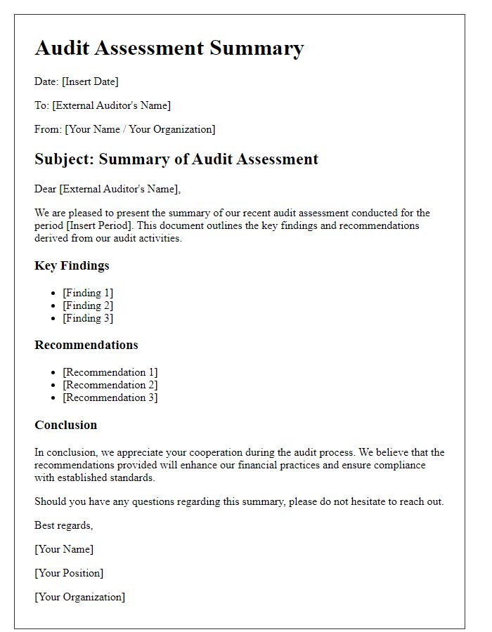 Letter template of audit assessment summary for external auditors