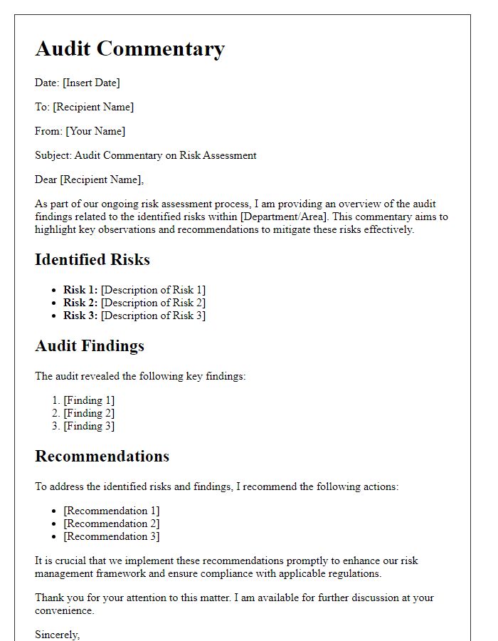 Letter template of audit commentary for risk assessment