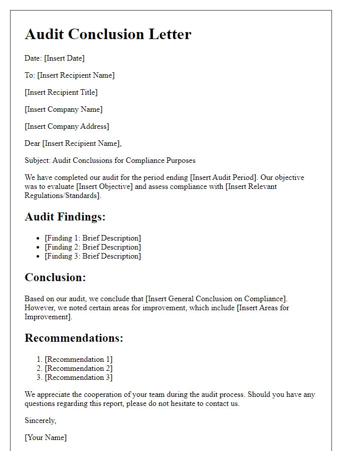 Letter template of audit conclusions for compliance purposes