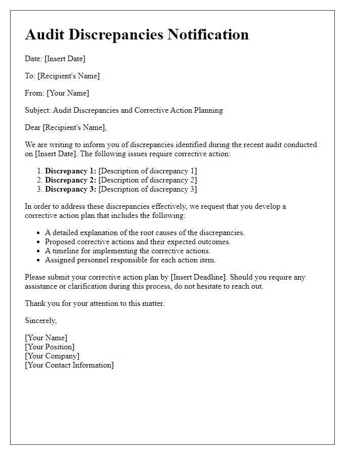 Letter template of audit discrepancies for corrective action planning