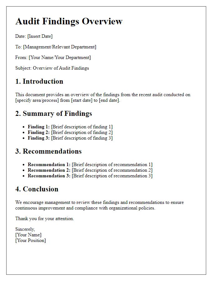 Letter template of audit findings overview for management review