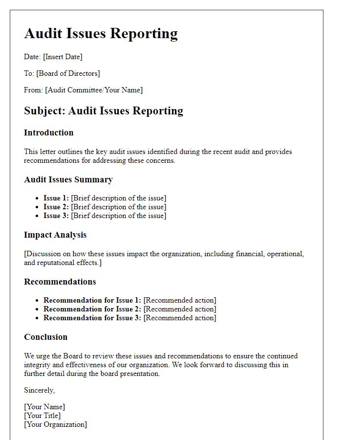 Letter template of audit issues reporting for board presentation