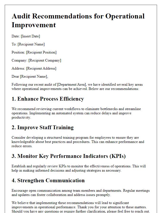 Letter template of audit recommendations for operational improvement