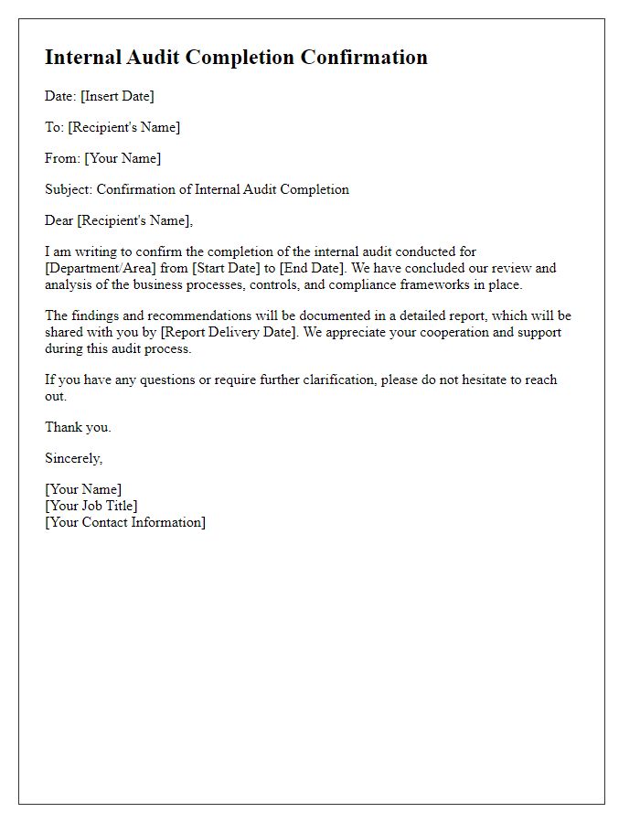 Letter template of internal audit completion confirmation