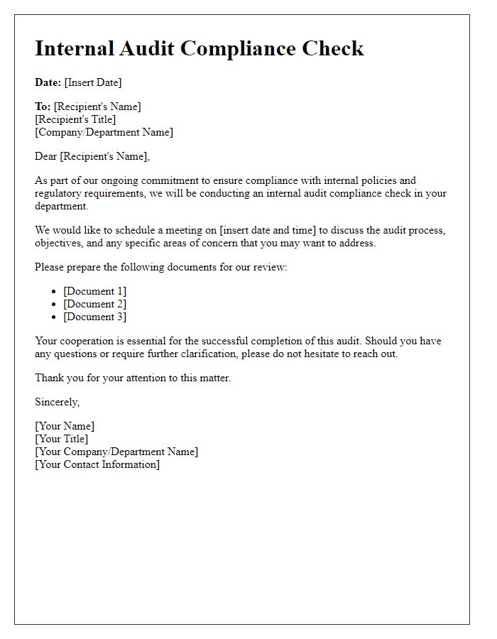 Letter template of internal audit compliance check