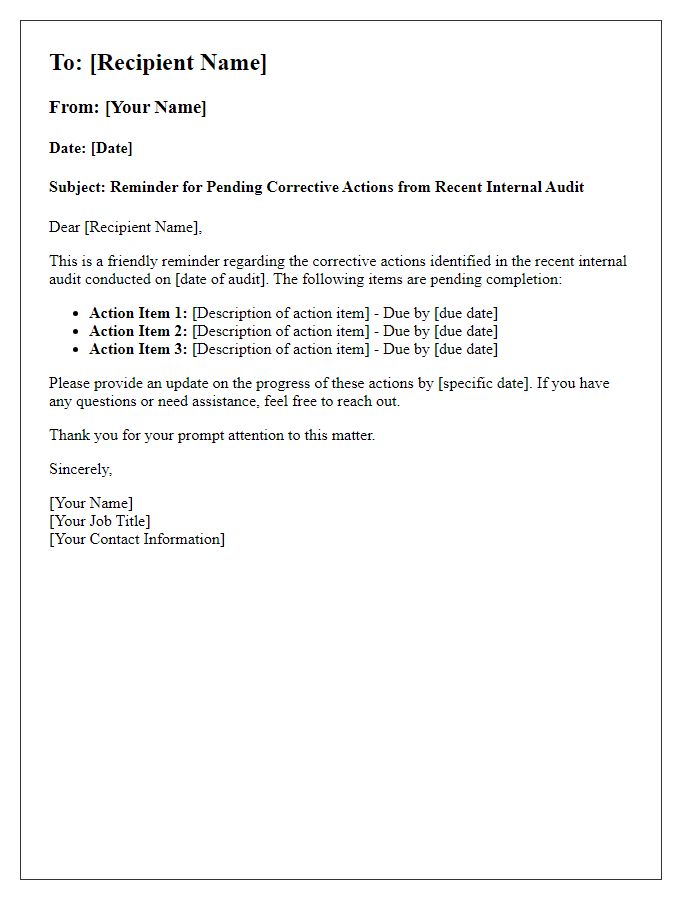 Letter template of internal audit corrective actions reminder