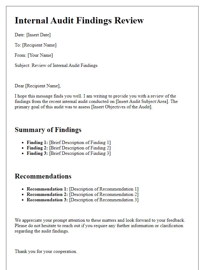 Letter template of internal audit findings review