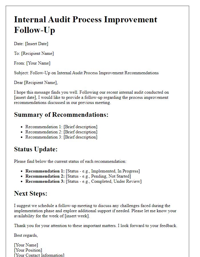 Letter template of internal audit process improvement follow-up