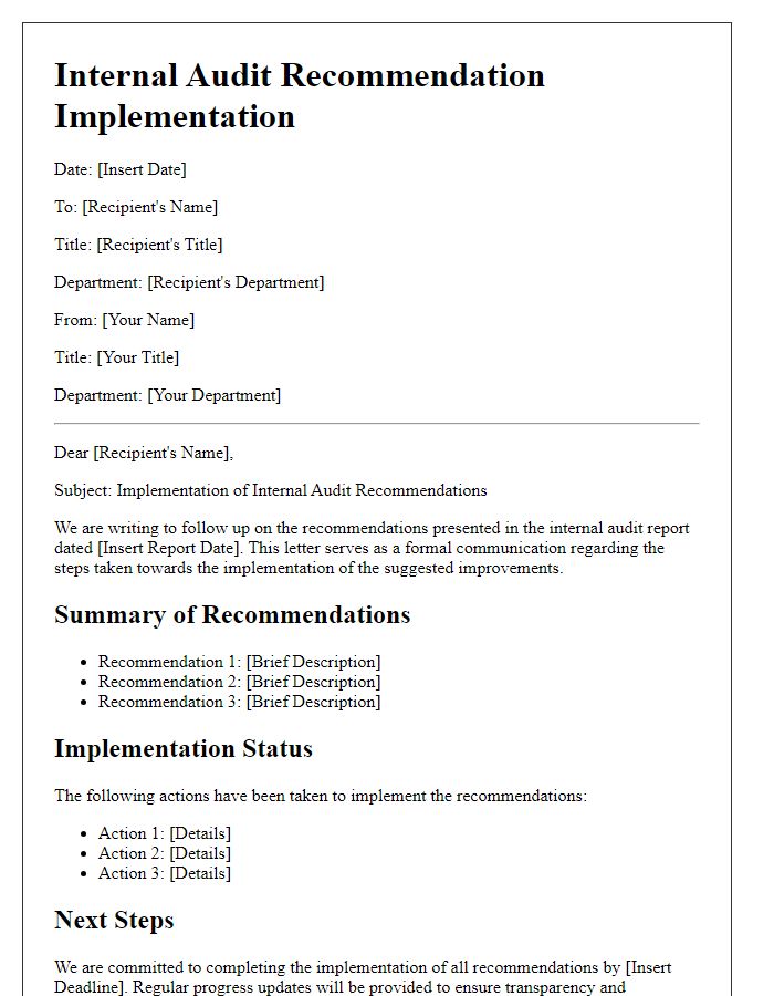 Letter template of internal audit recommendation implementation