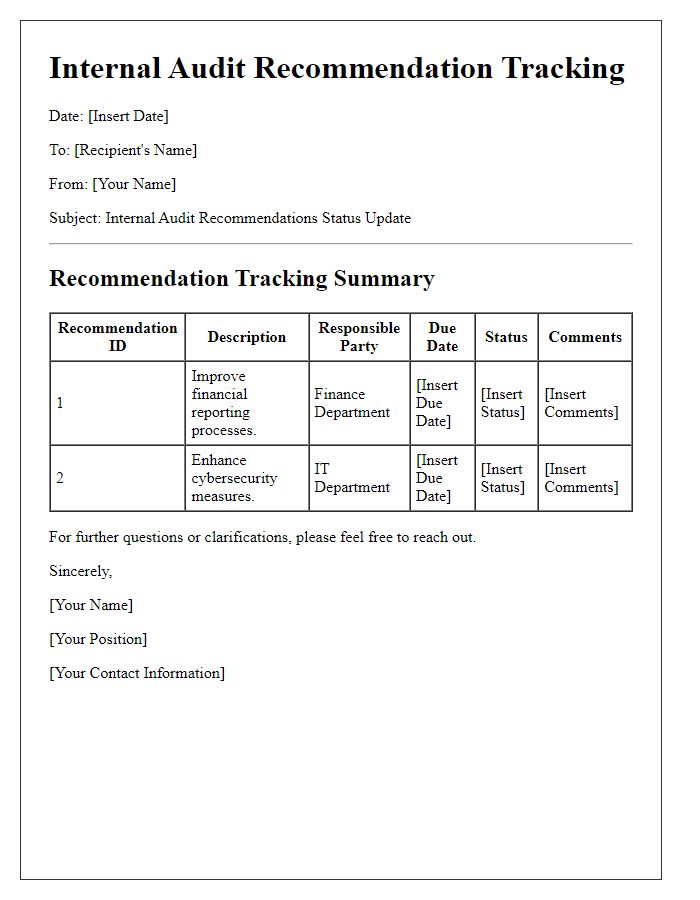 Letter template of internal audit recommendation tracking