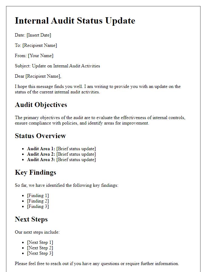 Letter template of internal audit status update