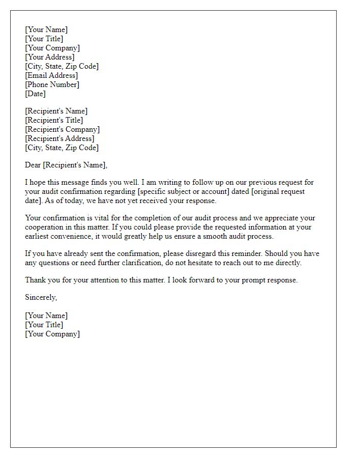 Letter template of audit confirmation follow-up