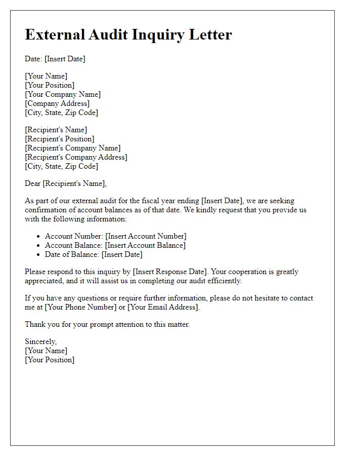 Letter template of external audit inquiry for account balances