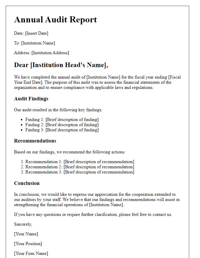 Letter template of annual audit report for educational institutions