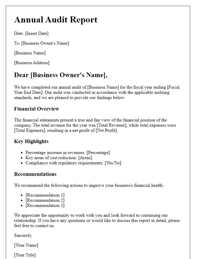 Letter template of annual audit report for small businesses