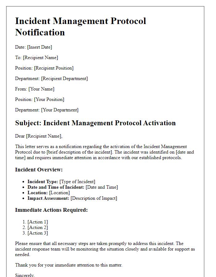 Letter template of incident management protocol