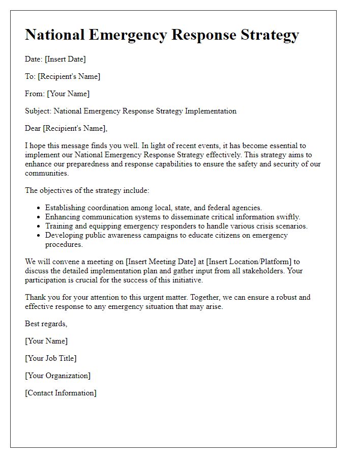 Letter template of national emergency response strategy