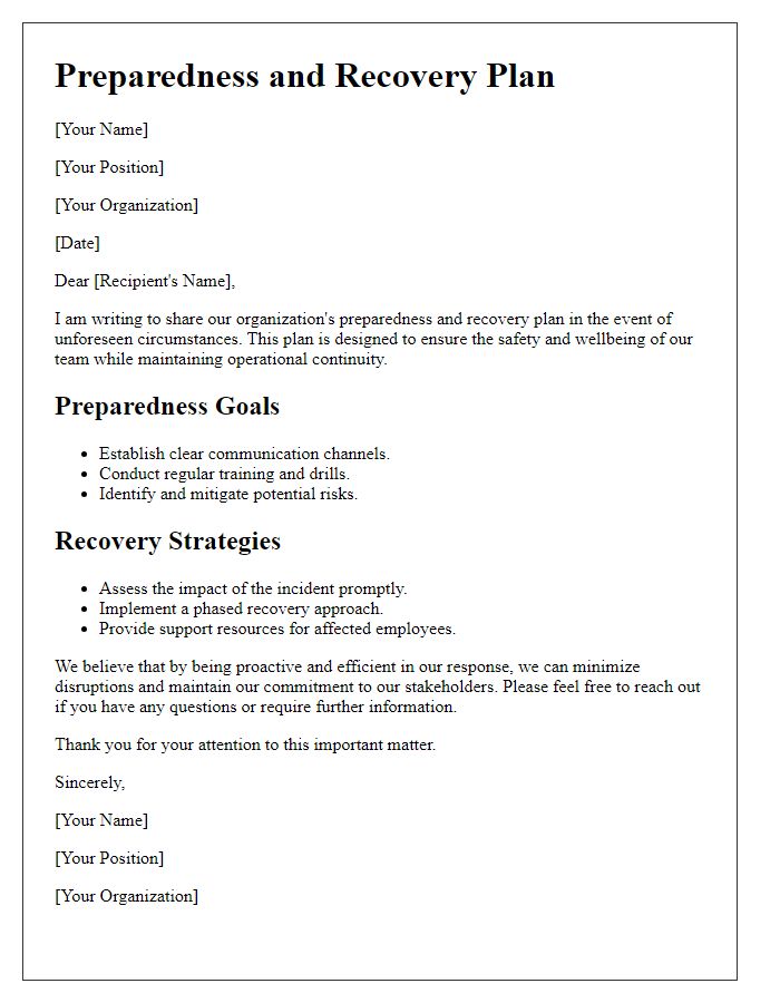 Letter template of preparedness and recovery plan