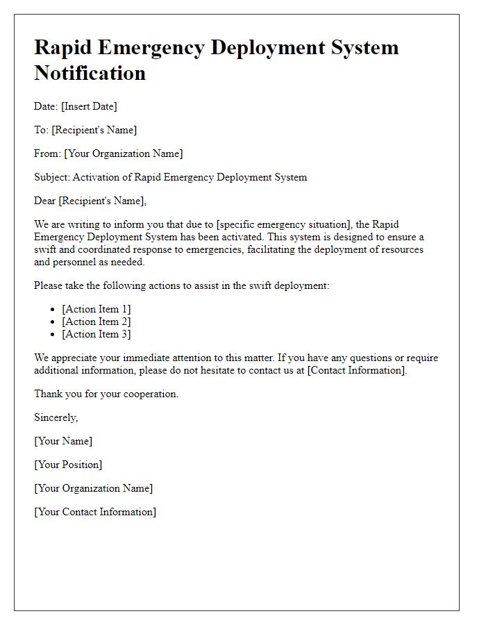 Letter template of rapid emergency deployment system