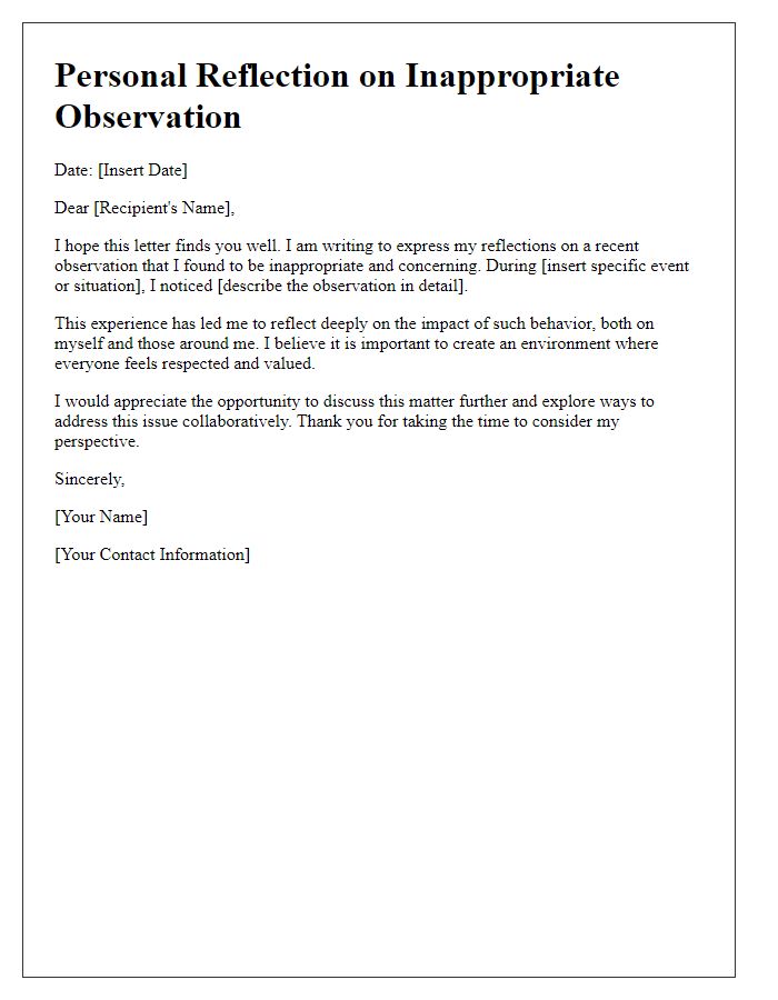 Letter template of personal reflection for inappropriate observation.