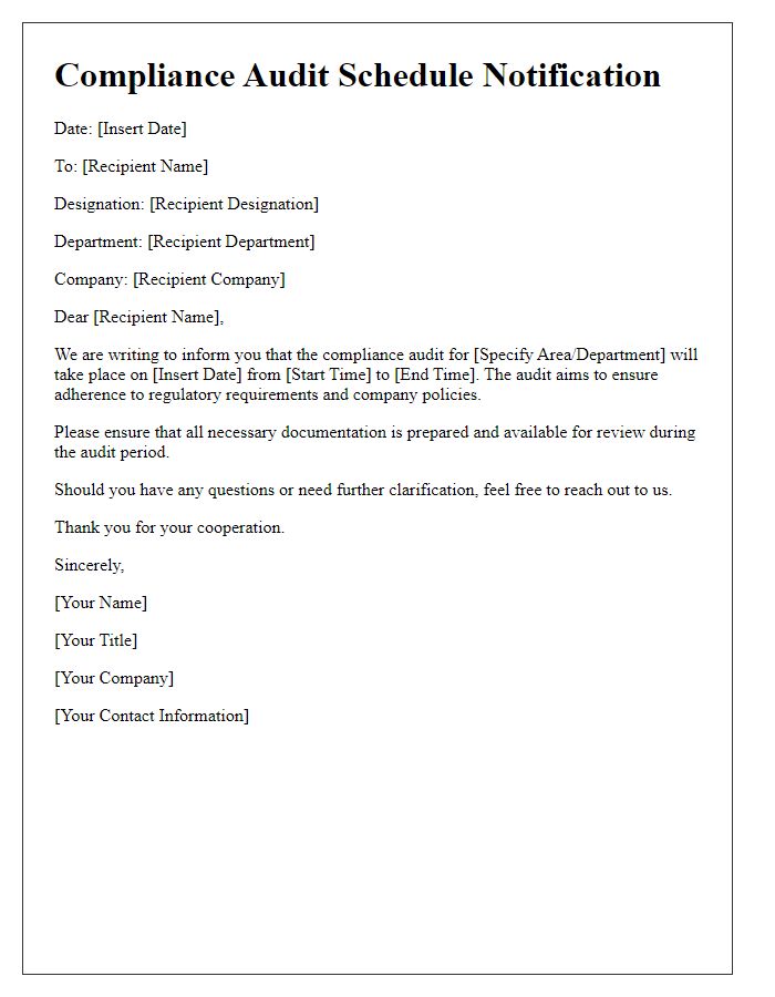 Letter template of compliance audit schedule notification