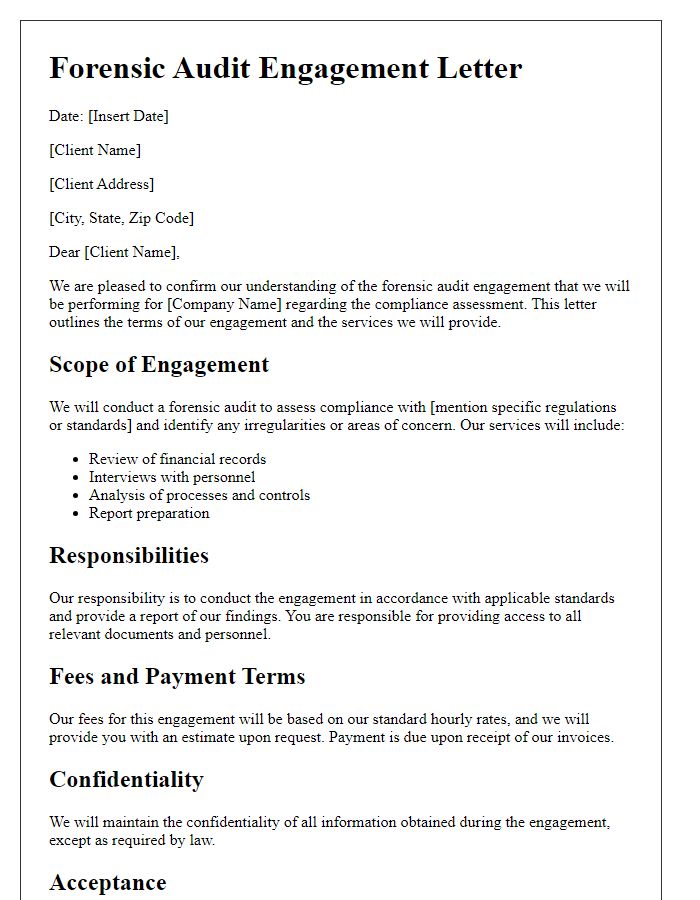 Letter template of forensic audit engagement for compliance assessment