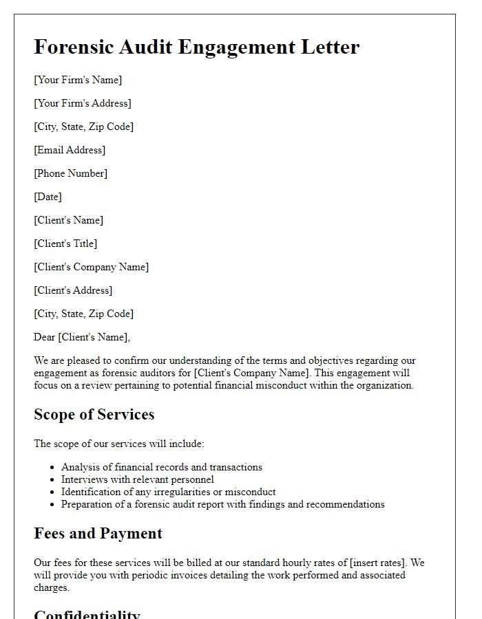 Letter template of forensic audit engagement for financial misconduct review