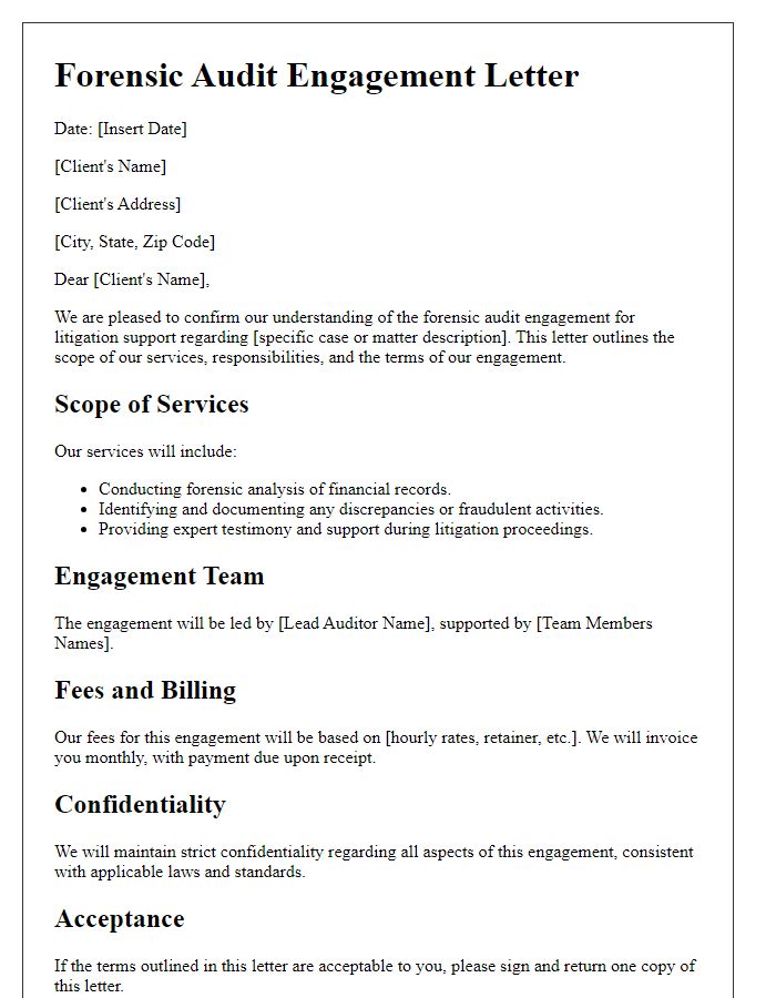 Letter template of forensic audit engagement for litigation support