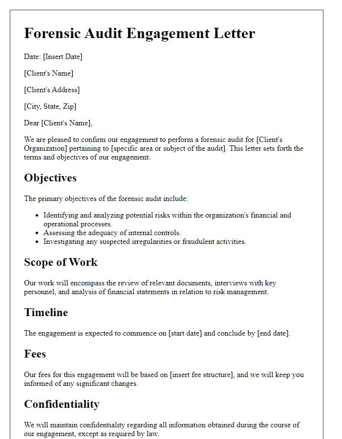 Letter template of forensic audit engagement for risk management analysis