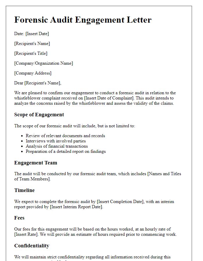 Letter template of forensic audit engagement for whistleblower complaint analysis