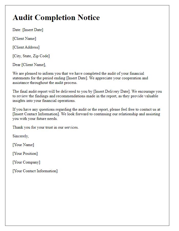 Letter template of audit completion notice to the client