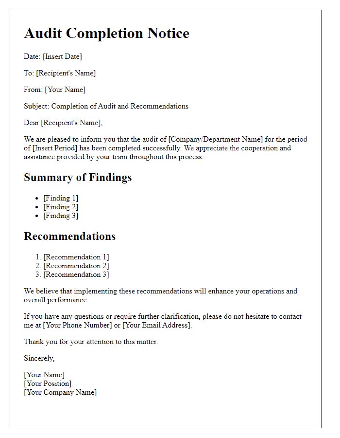 Letter template of audit completion and recommendations notice