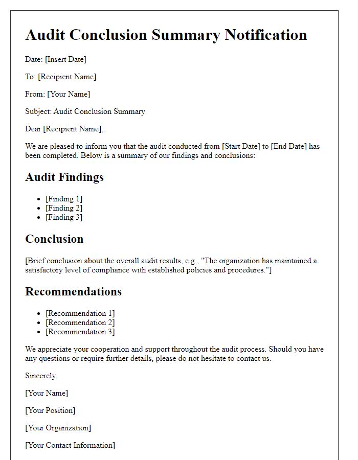 Letter template of audit conclusion summary notification