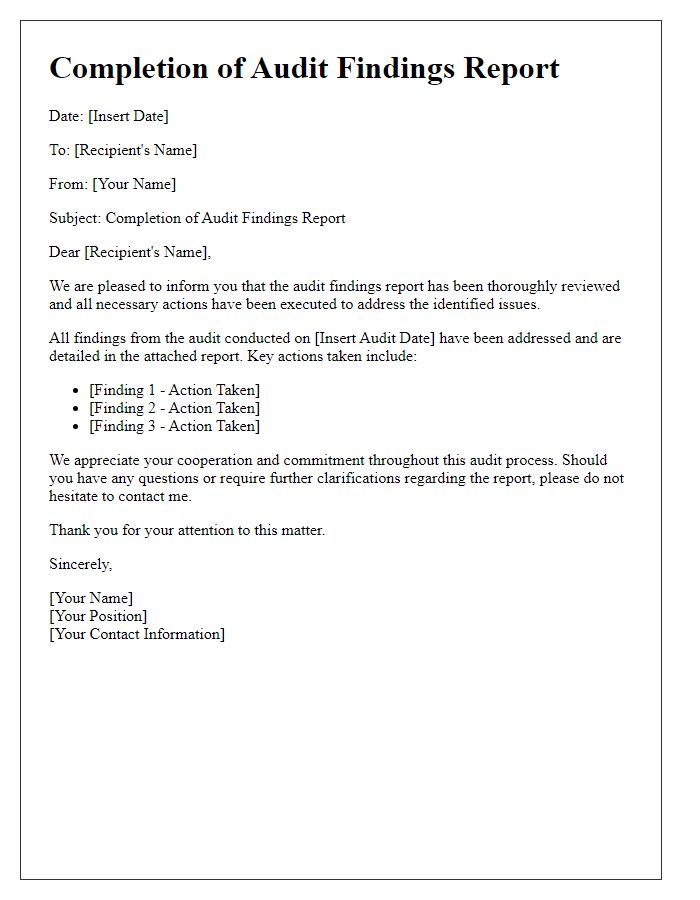 Letter template of completion of audit findings report