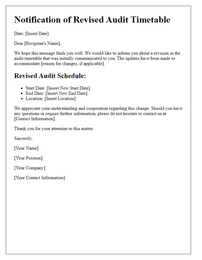 Letter template of notification for revised audit timetable