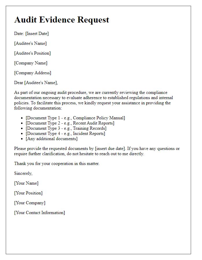 Letter template of audit evidence request for compliance documentation.