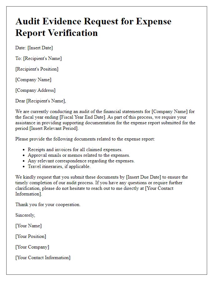 Letter template of audit evidence request for expense report verification.