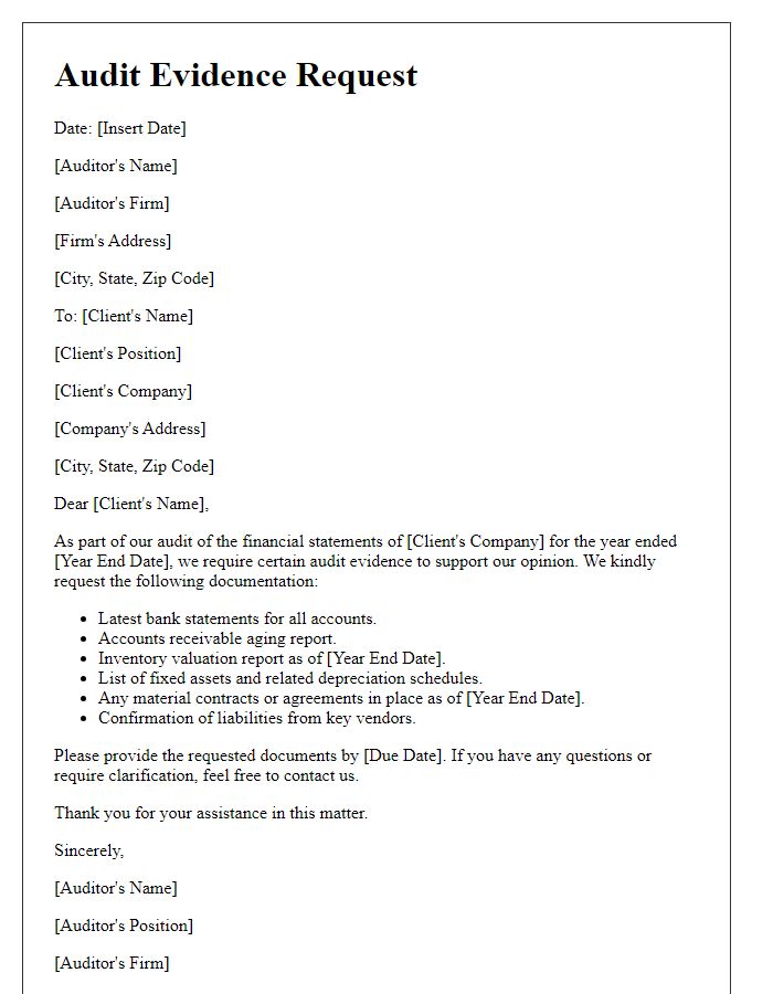 Letter template of audit evidence request for financial statements.