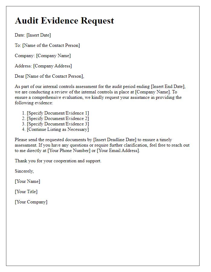 Letter template of audit evidence request for internal controls assessment.